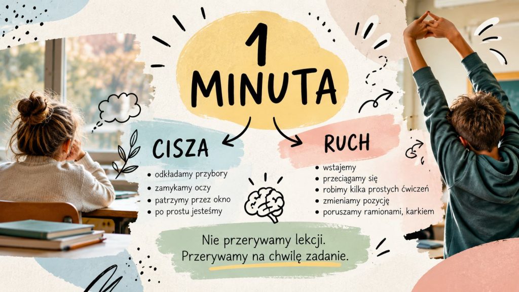 Infografika przedstawiająca minutową przerwę podczas lekcji. Po lewej uczennica siedzi spokojnie przy oknie, po prawej uczeń przeciąga się. W centrum napis „1 minuta” oraz dwie możliwości: cisza i ruch. Grafika podkreśla, że chodzi o krótkie przerwanie zadania, a nie całej lekcji.