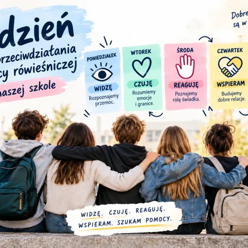 Grafika promująca Tydzień Przeciwdziałania Przemocy Rówieśniczej w szkole. Pięcioro uczniów siedzi razem, obejmując się, a nad nimi znajdują się hasła kolejnych dni: „Widzę”, „Czuję”, „Reaguję”, „Wspieram” i „Szukam pomocy”, odnoszące się do rozpoznawania przemocy, emocji, reagowania, budowania relacji i szukania wsparcia.
