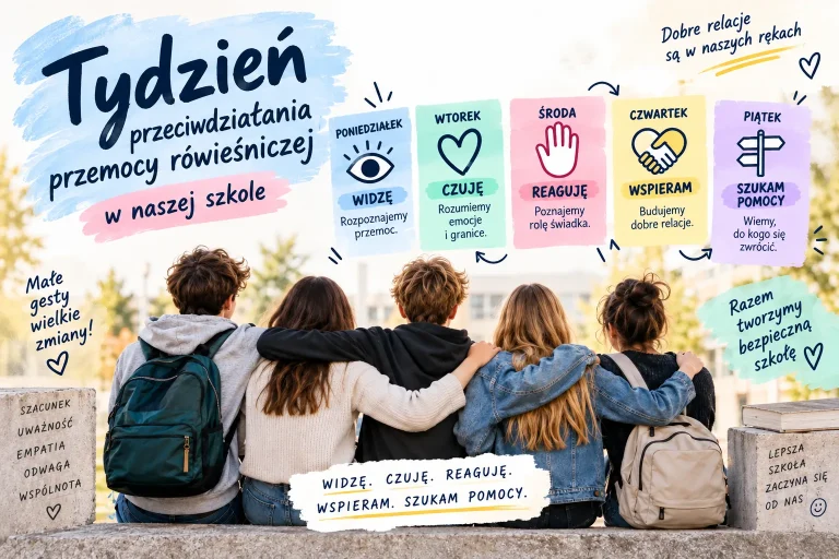 Grafika promująca Tydzień Przeciwdziałania Przemocy Rówieśniczej w szkole. Pięcioro uczniów siedzi razem, obejmując się, a nad nimi znajdują się hasła kolejnych dni: „Widzę”, „Czuję”, „Reaguję”, „Wspieram” i „Szukam pomocy”, odnoszące się do rozpoznawania przemocy, emocji, reagowania, budowania relacji i szukania wsparcia.