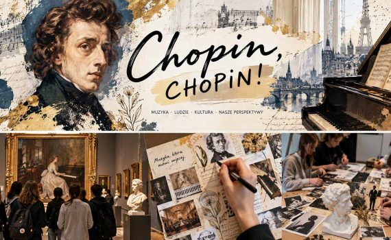 Kolaż poświęcony projektowi edukacyjnemu o Fryderyku Chopinie. Widoczne są fortepian, nuty, elementy sztuki, muzeum oraz Warszawa, nawiązujące do muzyki, historii i kultury związanej z kompozytorem.