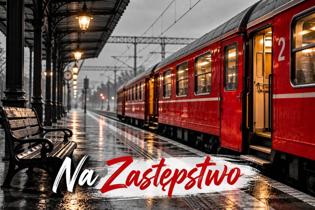 Czerwony pociąg starego typu stoi przy pustym, deszczowym peronie. Drzwi wagonu są otwarte, a szare otoczenie podkreśla intensywny kolor składu. Na grafice widnieje napis „Na Zastępstwo”.