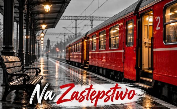 Czerwony pociąg starego typu stoi przy pustym, deszczowym peronie. Drzwi wagonu są otwarte, a szare otoczenie podkreśla intensywny kolor składu. Na grafice widnieje napis „Na Zastępstwo”.