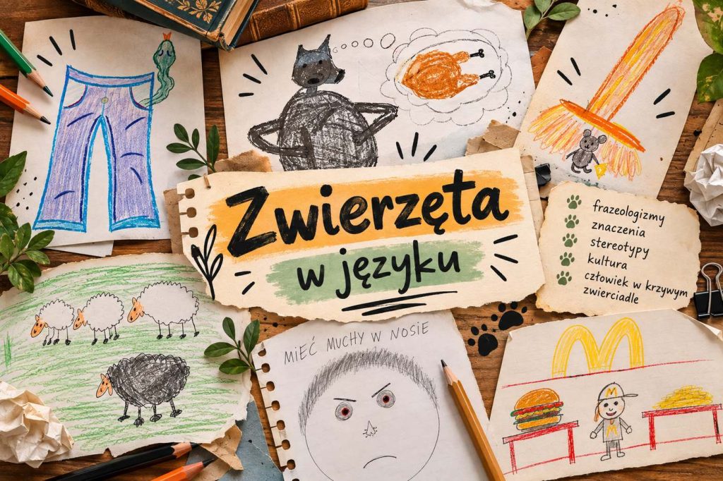 „Kolaż uczniowskich rysunków ilustrujących związki frazeologiczne ze zwierzętami, z napisem „Zwierzęta w języku”.”