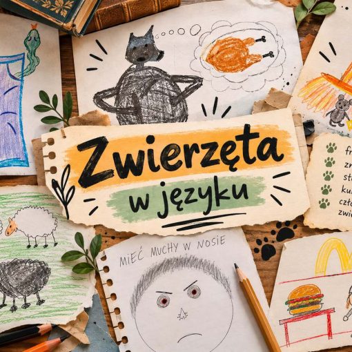 „Kolaż uczniowskich rysunków ilustrujących związki frazeologiczne ze zwierzętami, z napisem „Zwierzęta w języku”.”