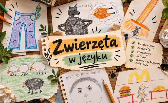 „Kolaż uczniowskich rysunków ilustrujących związki frazeologiczne ze zwierzętami, z napisem „Zwierzęta w języku”.”